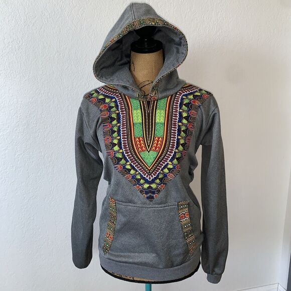 Dashiki African Print Hoodie Sweatshirt Fleece Lined Kangaroo Pockets Kenyan MED - Picture 1 of 8